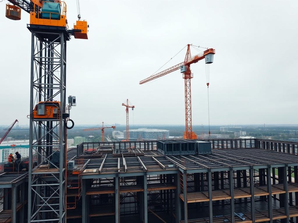Aerial view of an active commercial construction site with tower cranes