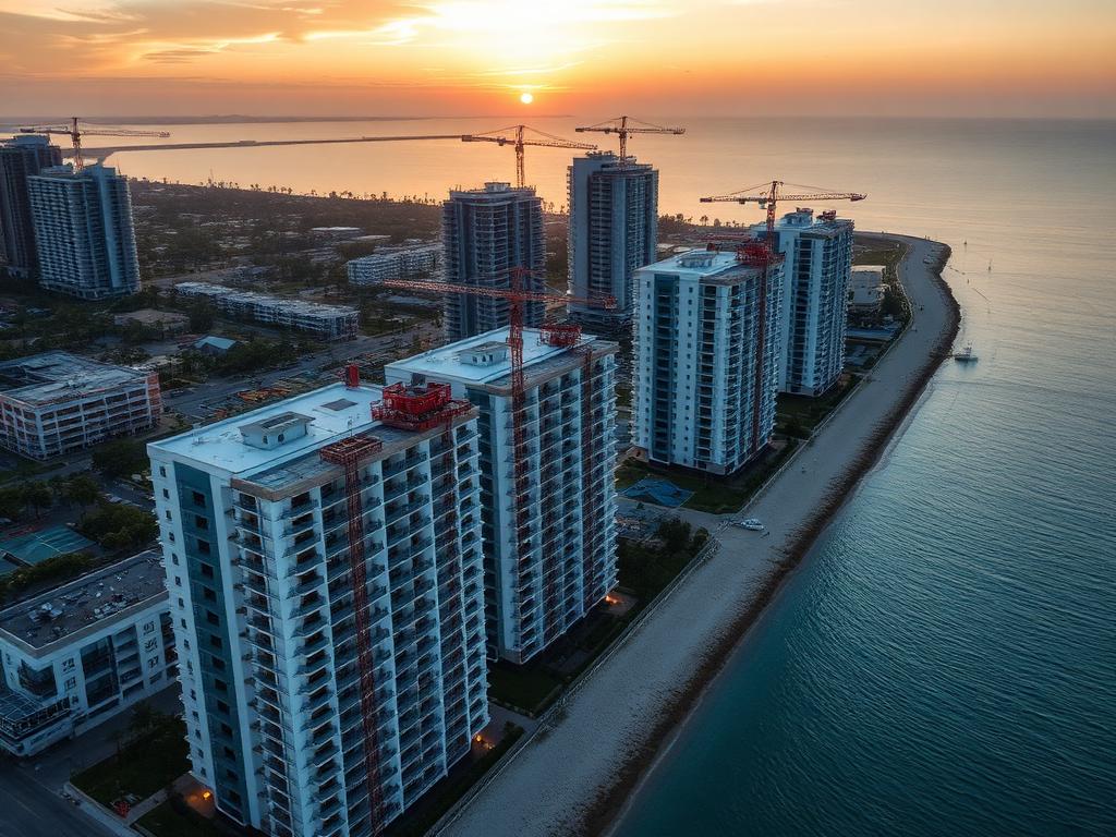 Aerial view of a coastal condo development under construction at sunset