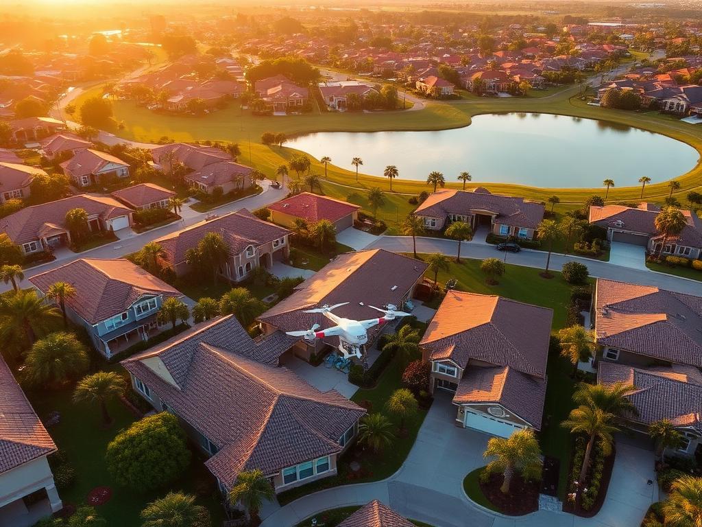 Aerial view of a Florida HOA community with tile roofs and a lake
