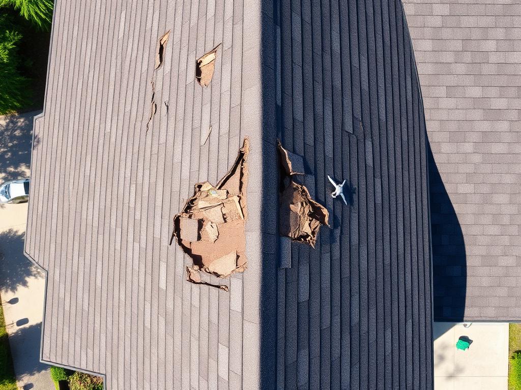 Close aerial inspection photo of storm-damaged shingle roofing