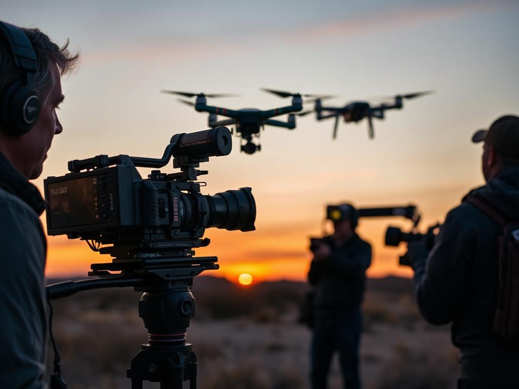 Film crew with cinema camera and drone shooting on location at dusk