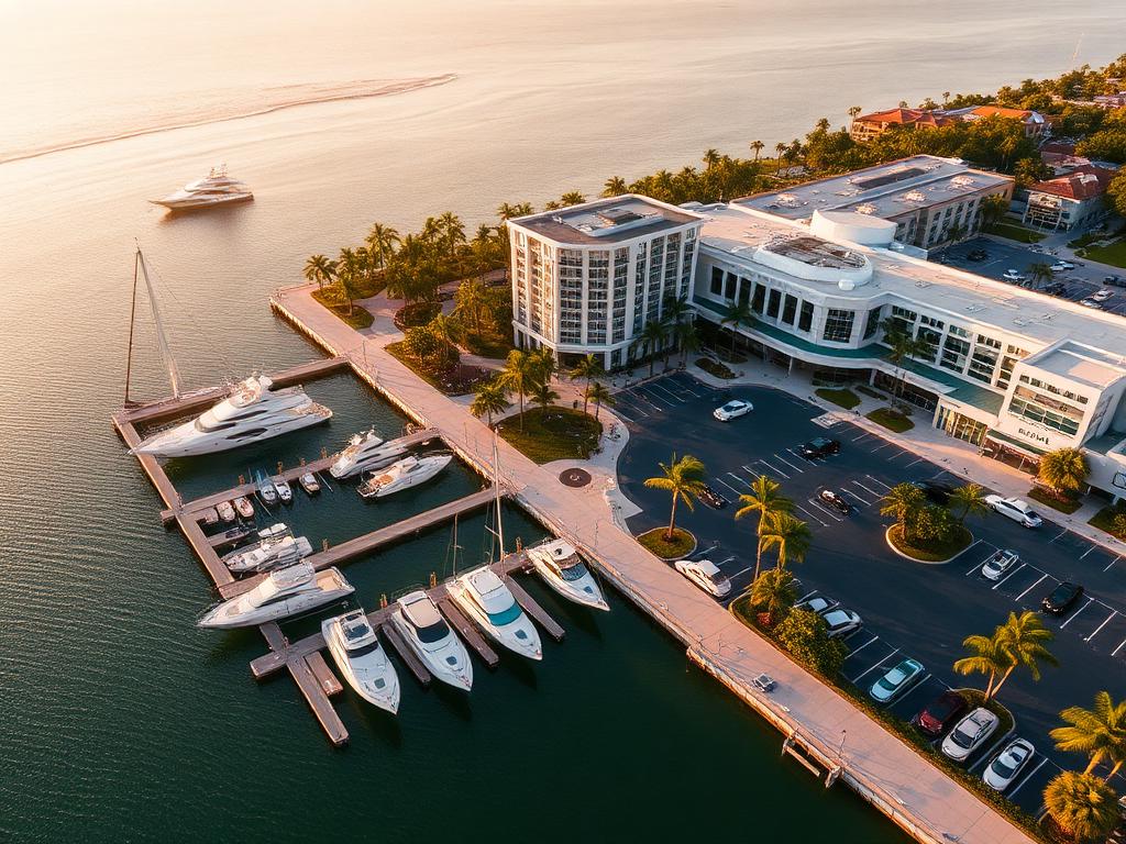 Aerial view of a waterfront marina, resort, and retail plaza in South Florida