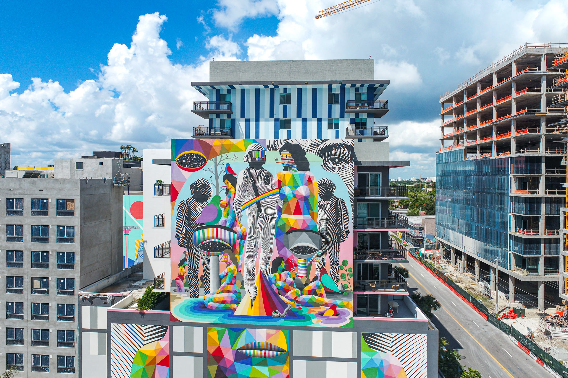 Drone inspection view of a mid-rise building facade