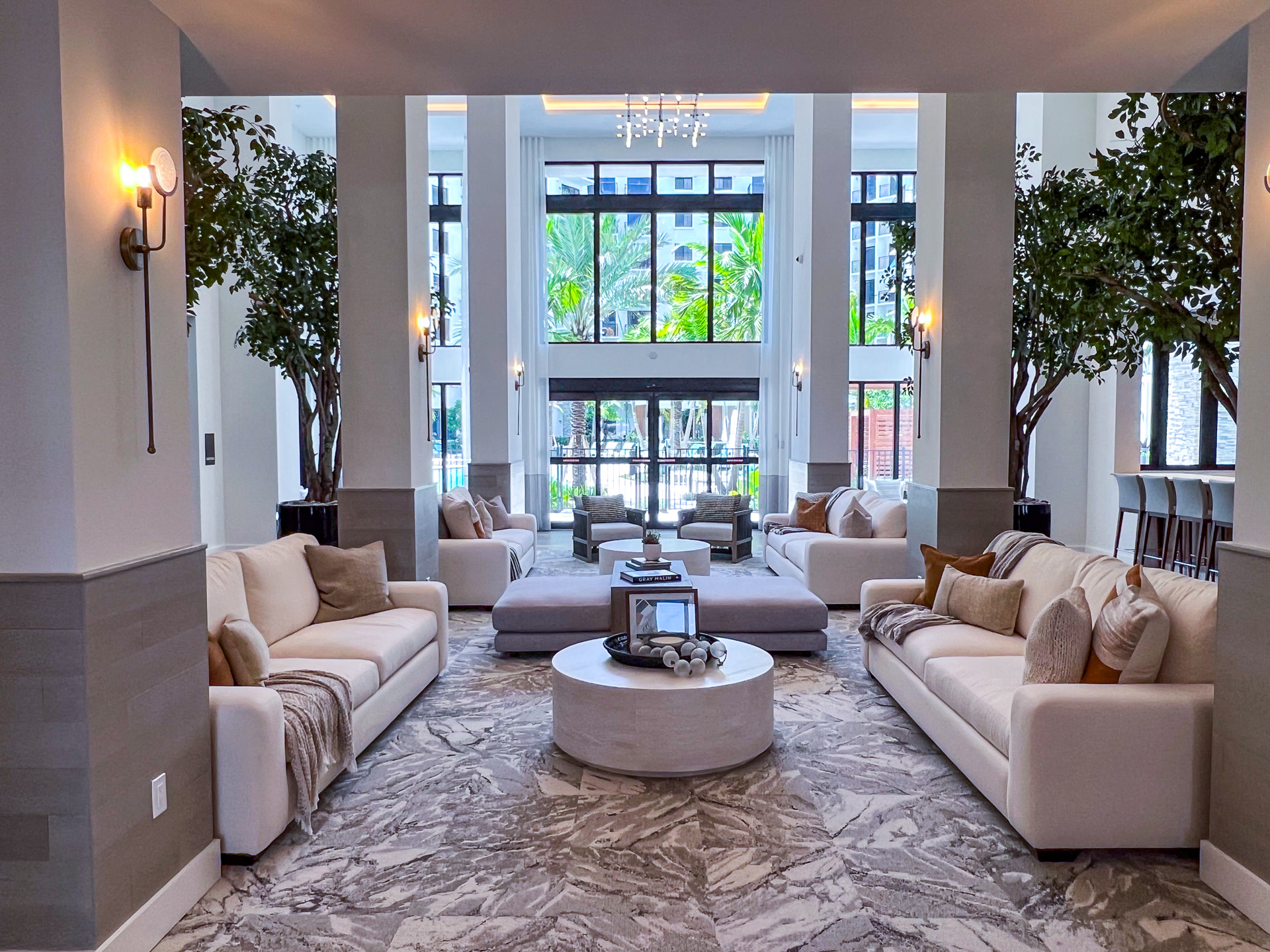 Bright residential lobby interior with seating