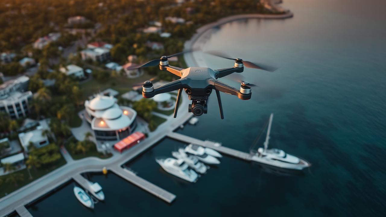 Drone flying over a South Florida marina and coastline at sunset
