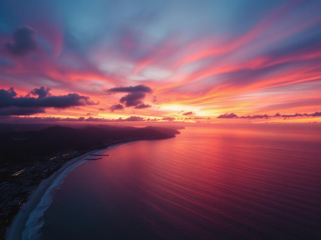 Cinematic aerial coastline still at twilight