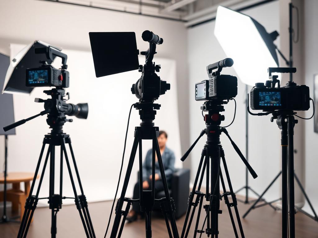 Multi-camera ground production setup with lighting and interview subject