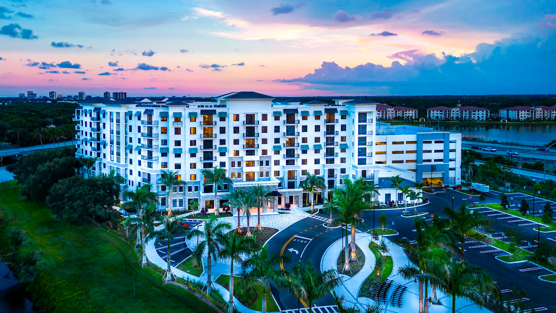 New residential building photographed at dusk from the air