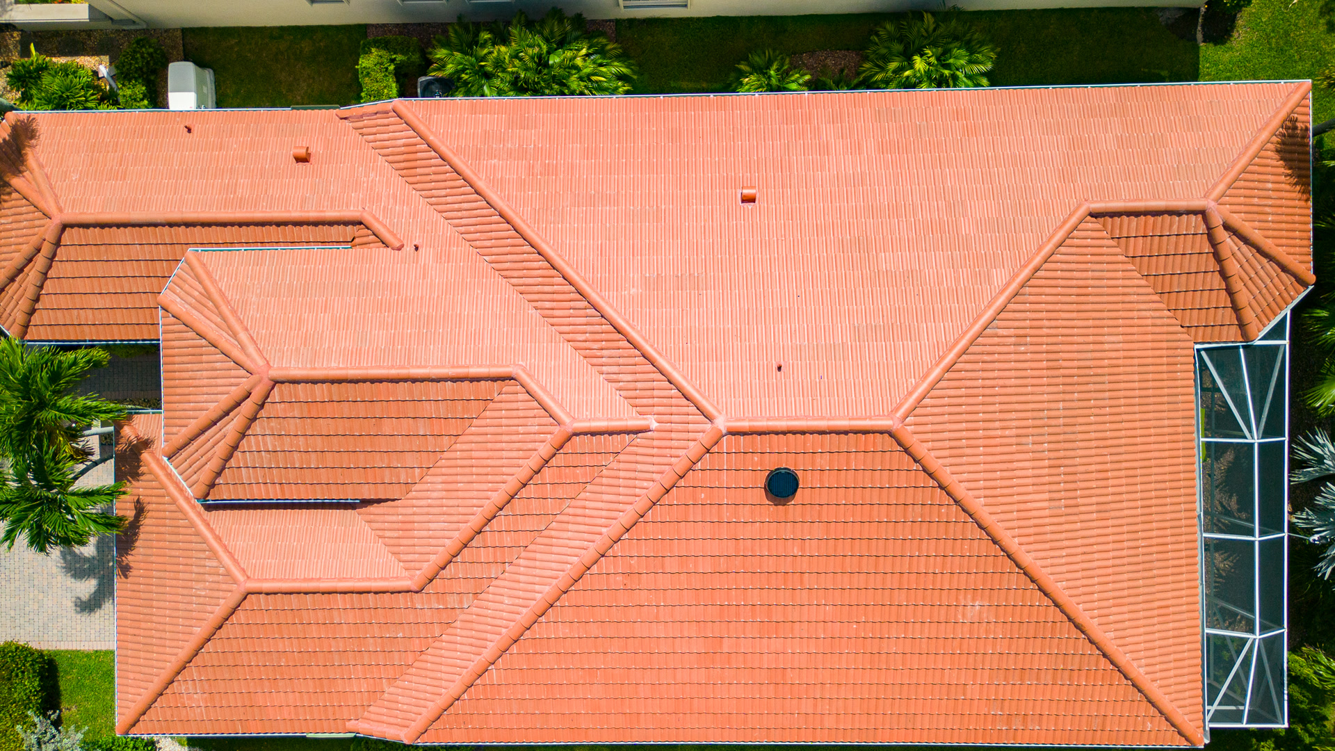 Top-down drone view of a tile roof in South Florida