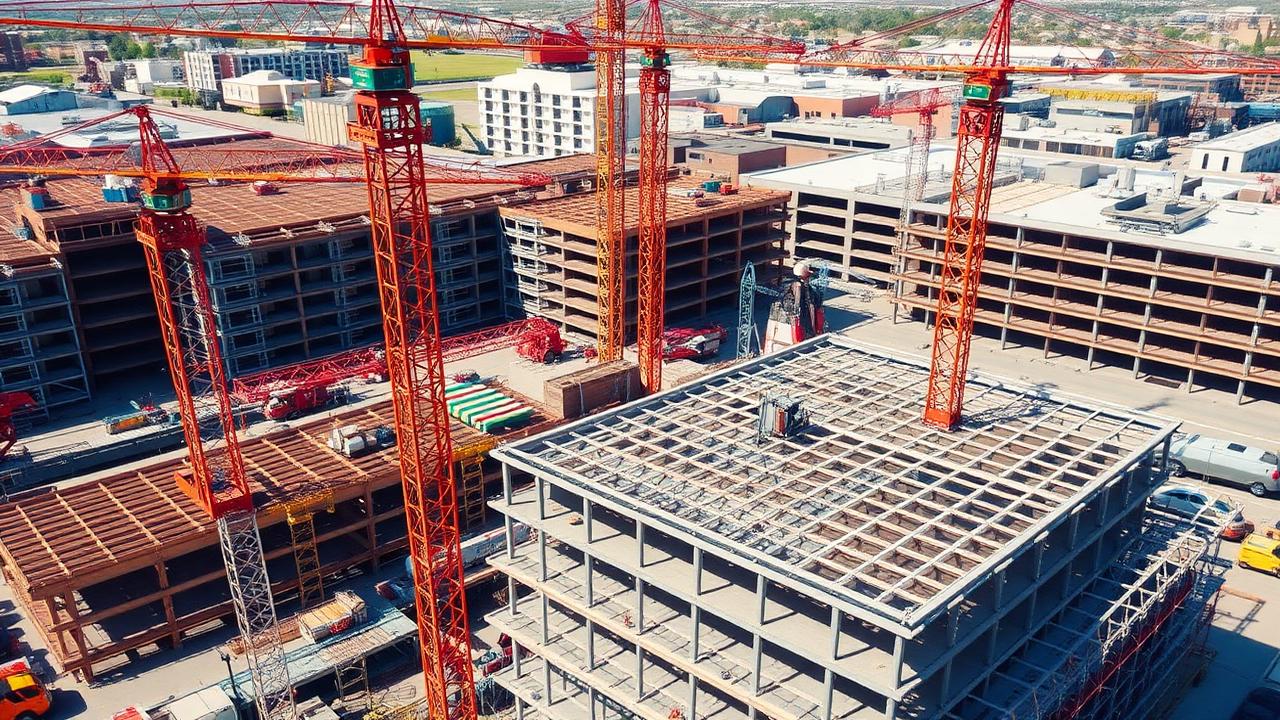 Aerial view of an active commercial construction site with tower cranes