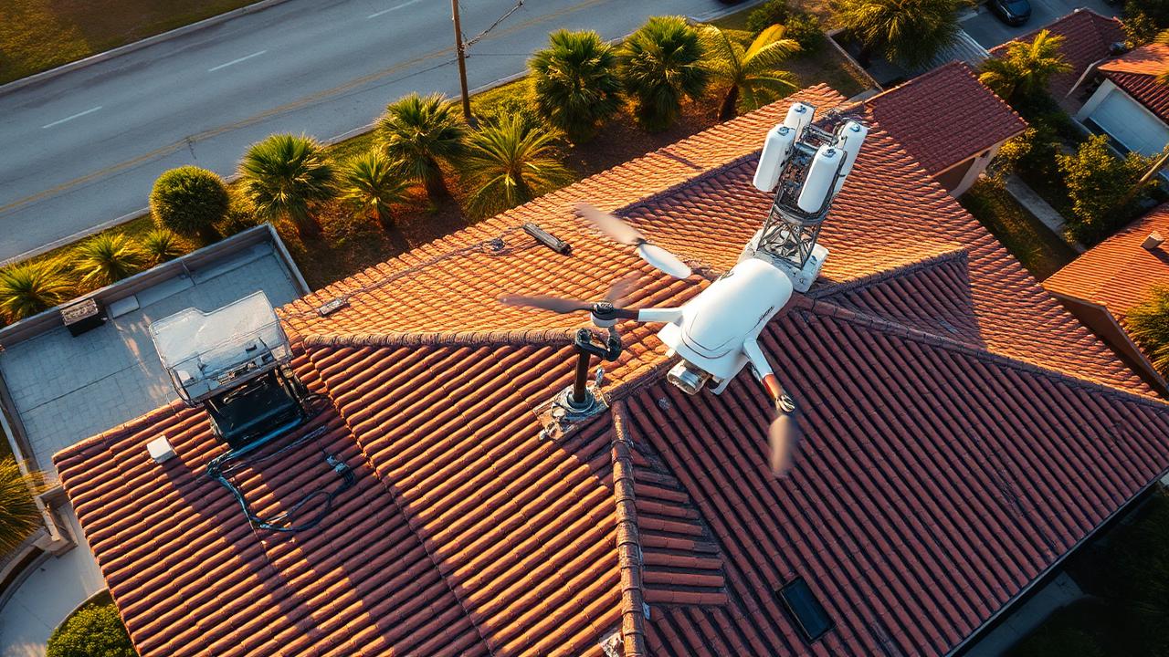 Drone inspecting a tile roof and rooftop equipment at golden hour