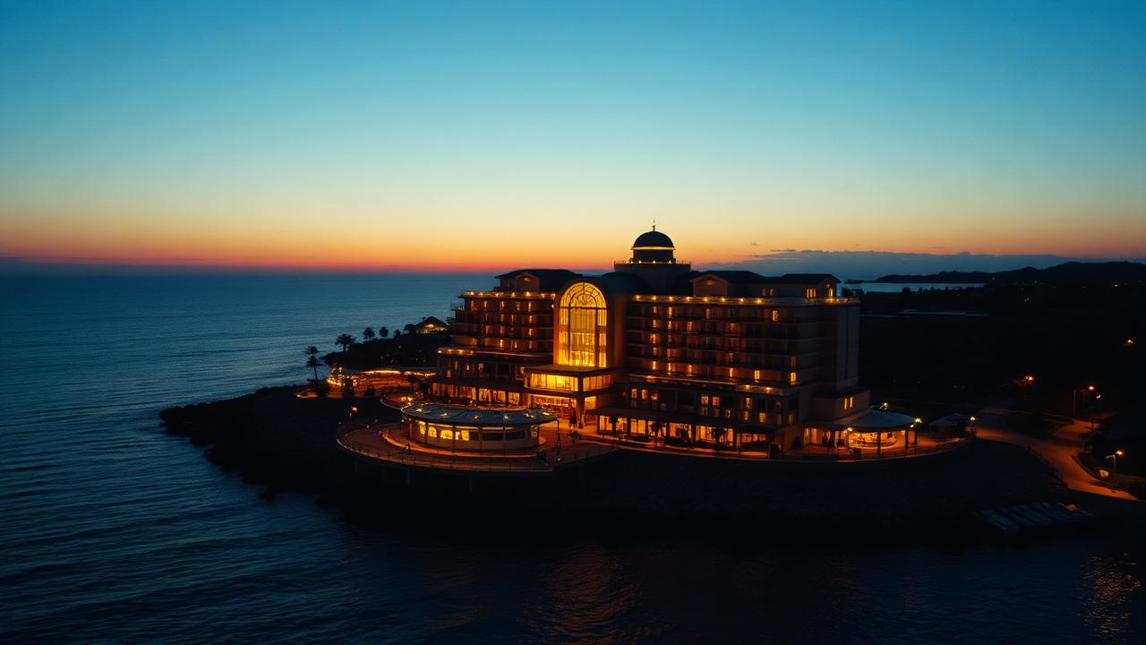 Cinematic twilight aerial of a coastal resort glowing at dusk