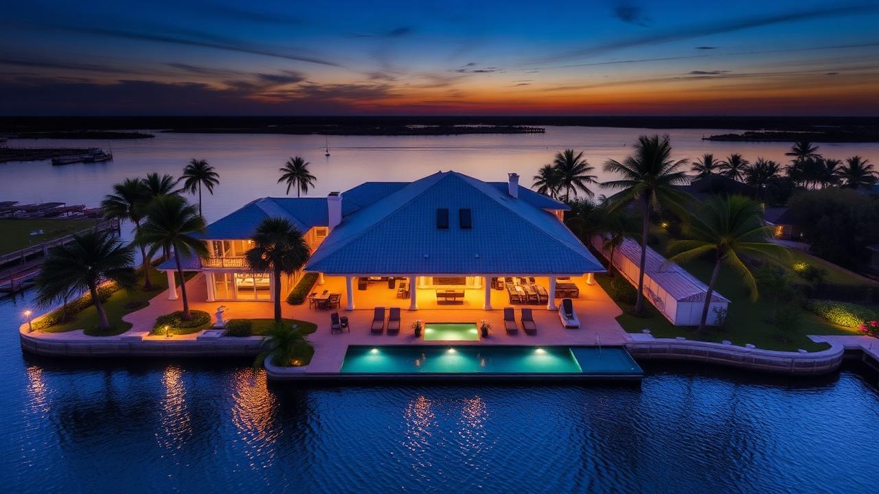 Aerial twilight view of a luxury waterfront home with a lit pool